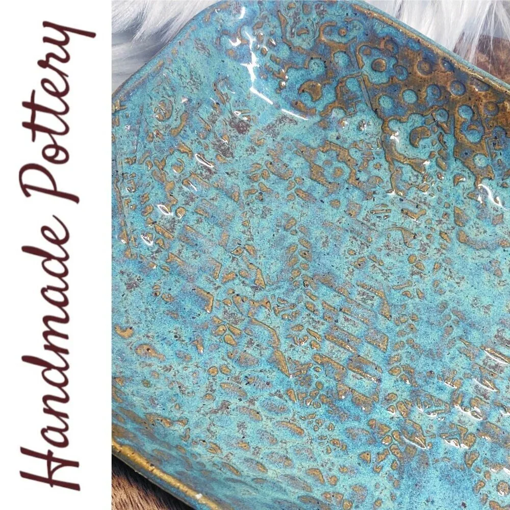 HANDMADE ARTISAN FOOTED TURQUOISE BROWNSTONE‎ TRAY Rectangular Glazed